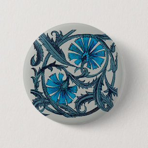 Bóton Redondo 5.08cm arte gráfico de design de flor antiga azul vintage