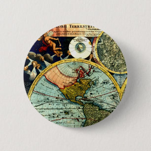 Bóton Redondo 5.08cm Arte histórica do globo antigo do mundo do mapa d