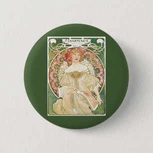 Bóton Redondo 5.08cm Arte Nova Antiga, Champenois por Alphonse Mucha