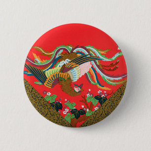 Bóton Redondo 5.08cm Arte Vintage do Pássaro Fênix Vermelho Japonês G.A