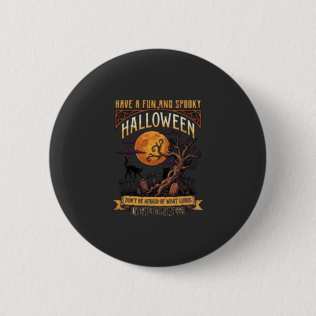 Bóton Redondo 5.08cm Árvore Assustadora de Halloween Lua Cheia Gato Pre (Frente)