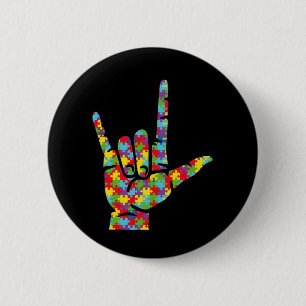 Bóton Redondo 5.08cm ASL Love Sign Language Autismo Sensibilização