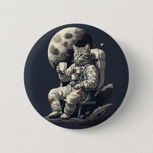 Bóton Redondo 5.08cm Astronauta Gato com Xícara de Café (Frente)
