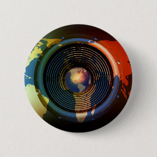 Bóton Redondo 5.08cm Auto-falante da música em um mapa do mundo