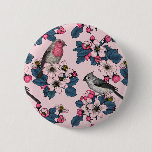 Bóton Redondo 5.08cm Aves e Blossomas a rosa