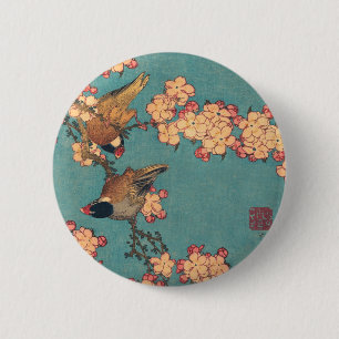 Bóton Redondo 5.08cm Aves e Flores Arte Japonesa Floral Rosa
