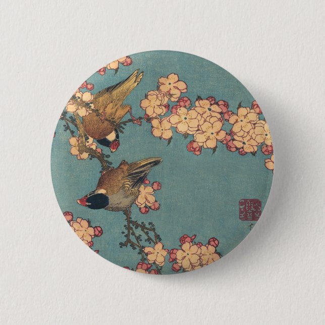 Bóton Redondo 5.08cm Aves e Flores Arte Japonesa Floral Rosa (Frente)