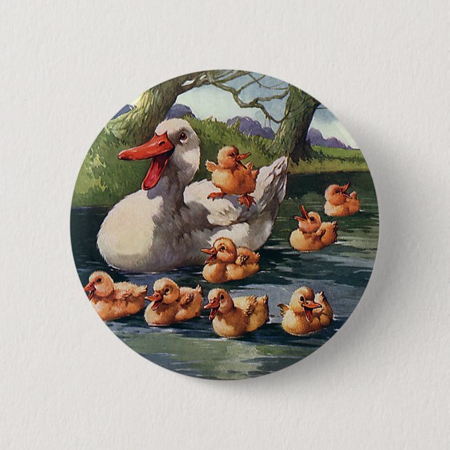 Bóton Redondo 5.08cm Aves Selvagens Vintage, Ducklings Duck Family (Frente)