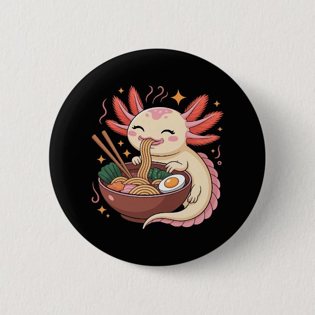 Bóton Redondo 5.08cm Axolote Adorável Come Macarrão Ramen (Frente)