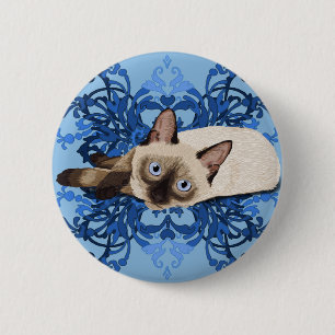 Bóton Redondo 5.08cm Azul Elegante Floral Siamês Gato Bonito Felino