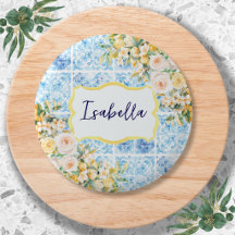 Azulejos Azuis Mediterrâneos Flor Limão Personaliz