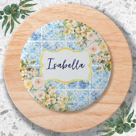 Bóton Redondo 5.08cm Azulejos Azuis Mediterrâneos Flor Limão Personaliz