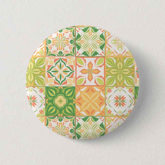Bóton Redondo 5.08cm azulejos ornamentados em verde e amarelo (Frente)