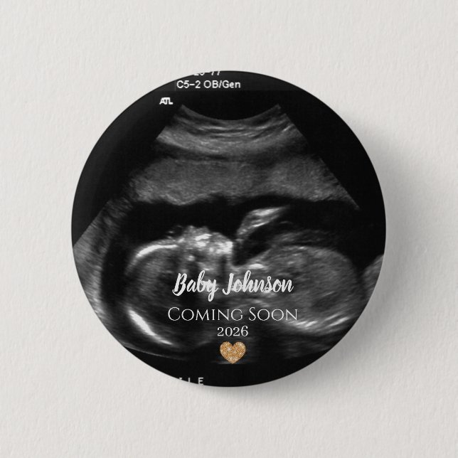 Bóton Redondo 5.08cm Baby Coming Soon Ultrasound Gold heart  (Frente)