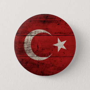 Bóton Redondo 5.08cm Bandeira de Turquia na grão de madeira velha