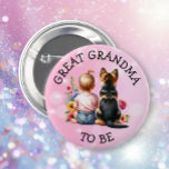 Bóton Redondo 5.08cm Bebê e Excelente de papoila vovó para ser Chá de f<br><div class="desc">Excelente Vovó para ser botões de chá de fraldas. Querida menina sentada ao lado do seu German shepherd de filhote num pedaço de flores bonito de aquarela. Borboletas cor-de-rosa e azuis e flores silvestres bonito.</div>