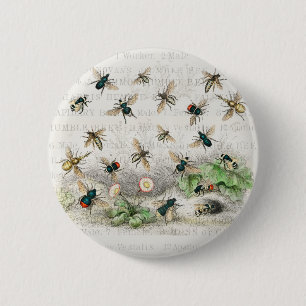 Bóton Redondo 5.08cm Bee Honey Queen Bees Antique