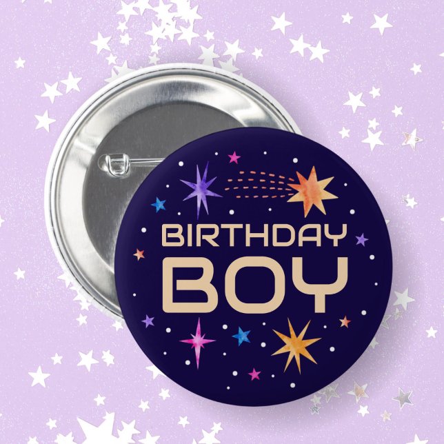 Bóton Redondo 5.08cm Birthday Boy Outer Space Stars Dark Purple (Birthday Boy Outer Space Stars Dark Purple Button)