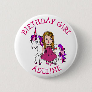 Bóton Redondo 5.08cm Birthday Girl Personalize Button Princess Unicorn
