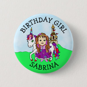 Bóton Redondo 5.08cm Birthday Girl Personalize Button Princess Unicorn