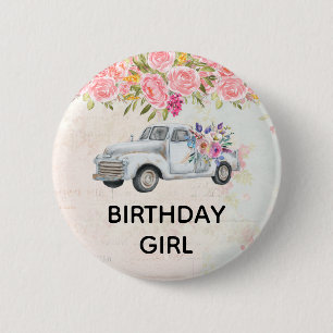 Bóton Redondo 5.08cm Birthday Girl Vintage Pickup Truck Watercolor