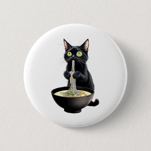 Bóton Redondo 5.08cm Black Cat Eating Ramen Noodles Japonês Comida (Frente)