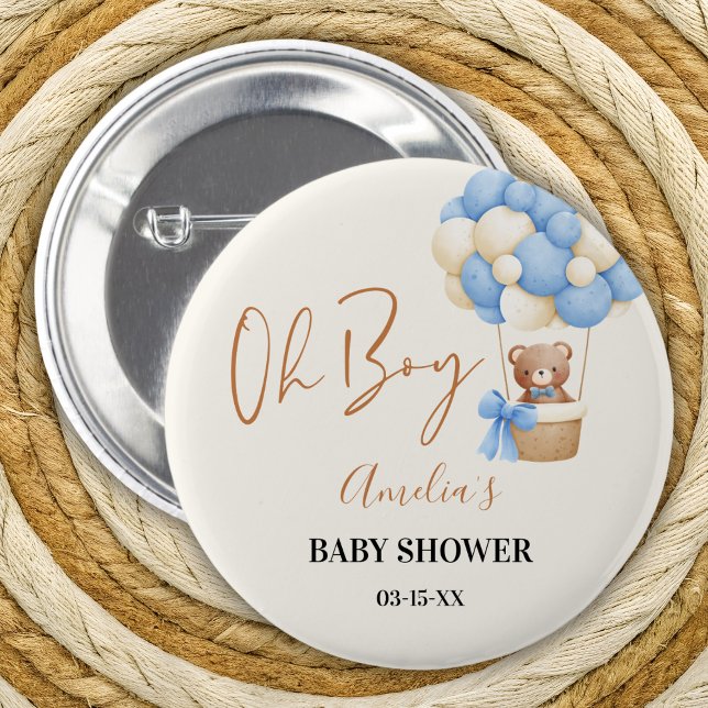 Bóton Redondo 5.08cm Blue Teddy Bear Oh Boy Balloon Party (Criador carregado)