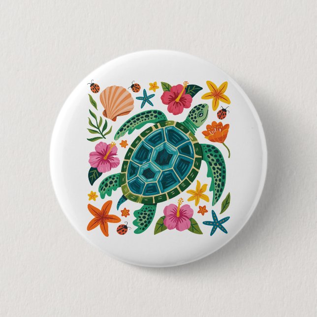 Bóton Redondo 5.08cm Boho Floral Sea Turtle (Frente)