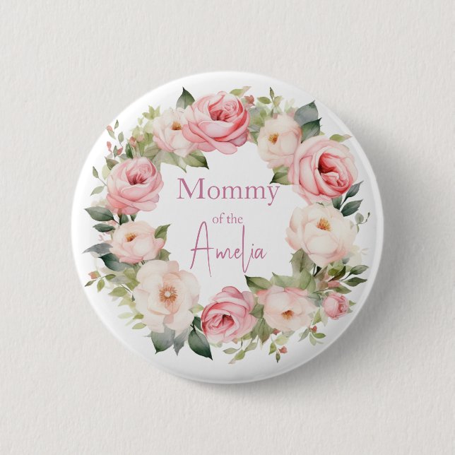 Bóton Redondo 5.08cm Boho Teddy Bear Girl Pink Bear Floral Birthday  (Frente)