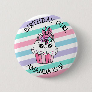 Bóton Redondo 5.08cm Bolo de Aniversário de Menina Unicórnio