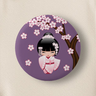 Bóton Redondo 5.08cm Boneca branca de Kokeshi do quimono - menina de