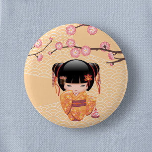 Bóton Redondo 5.08cm Boneca de Ume Kokeshi - menina de gueixa japonesa