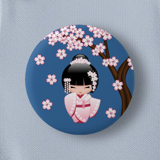 Bóton Redondo 5.08cm Boneca Kawaii Kokeshi em Quimono Rosa sobre Azul