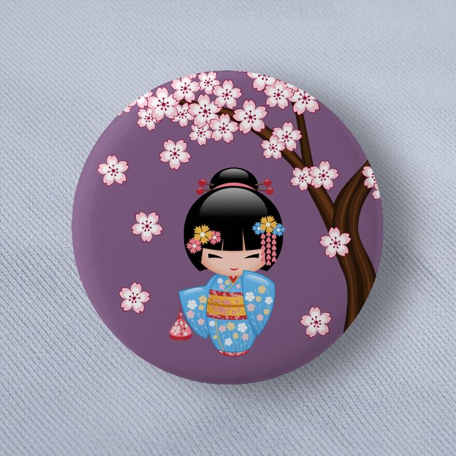 Bóton Redondo 5.08cm Boneca Maiko Kokeshi - Rapariga Kimono Geisha Azul (Criador carregado)