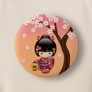 Bóton Redondo 5.08cm Boneca Sakura Kokeshi - Garota Geisha em Pêssego