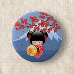 Bóton Redondo 5.08cm Boneca vermelha de Sakura Kokeshi - menina de
