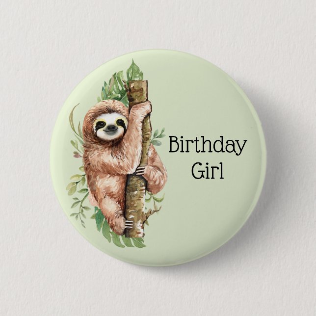 Bóton Redondo 5.08cm Bonita Watercolor Sloth Birthday Girl (Frente)