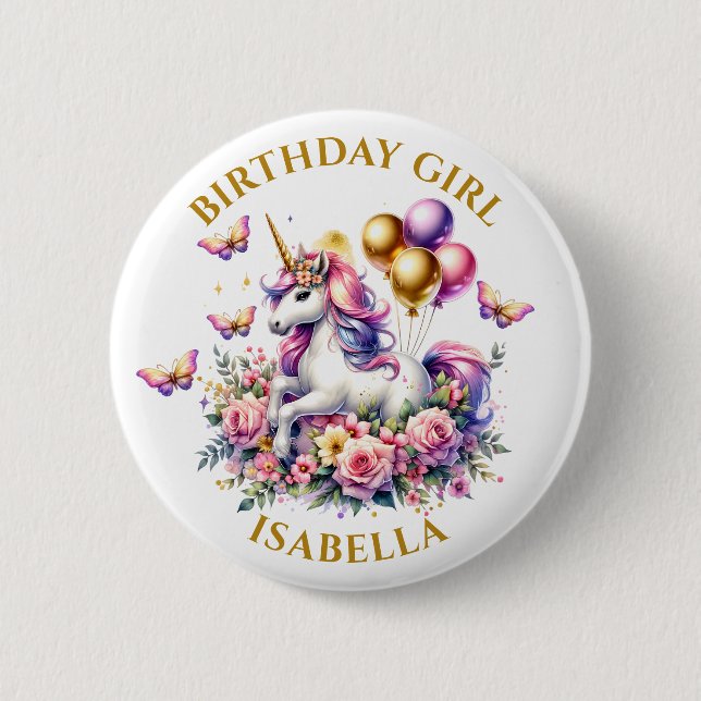 Bóton Redondo 5.08cm Bonito rosa, roxa e Dourada Garota de Aniversário  (Frente)