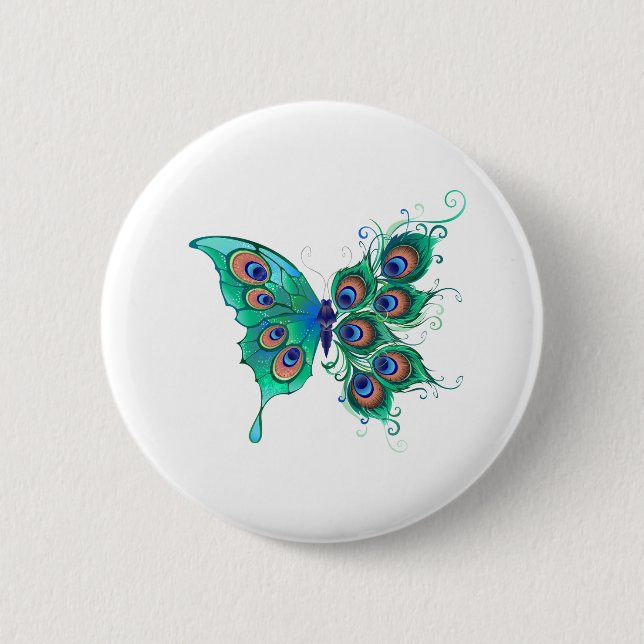 Bóton Redondo 5.08cm Borboleta com Penas de Pavão Verde (Frente)