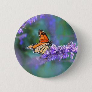 Bóton Redondo 5.08cm Borboleta Monarca na Flor Lilás Roxo