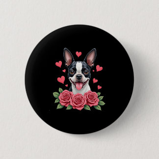 Bóton Redondo 5.08cm Boston Terrier com Corações de Rosas Vermelhas da 