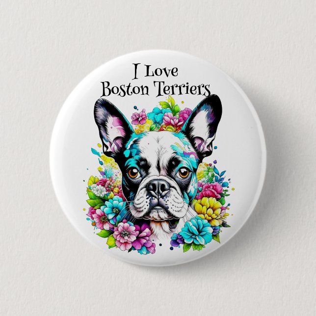 Bóton Redondo 5.08cm Boston Terrier e Flores (Frente)