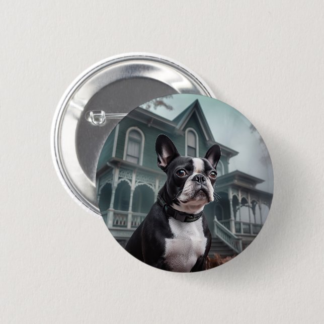 Bóton Redondo 5.08cm Boston Terrier Halloween Assustador (Frente & Verso)