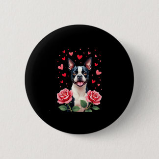 Bóton Redondo 5.08cm Boston Terrier with Red Roses Hearts Valentine�s D