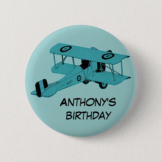 Bóton Redondo 5.08cm botão azul do pino do aniversário do biplano (Frente)