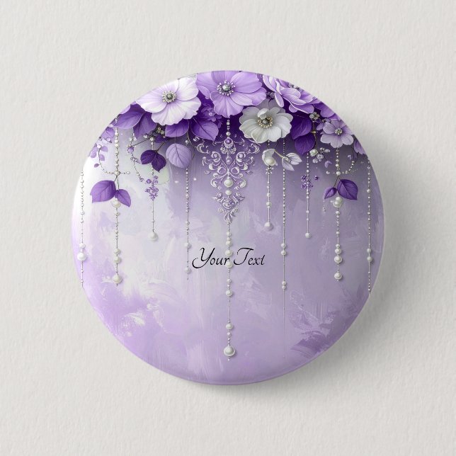 Bóton Redondo 5.08cm Botão de Flores Roxas com Pérolas Penduradas (Frente)