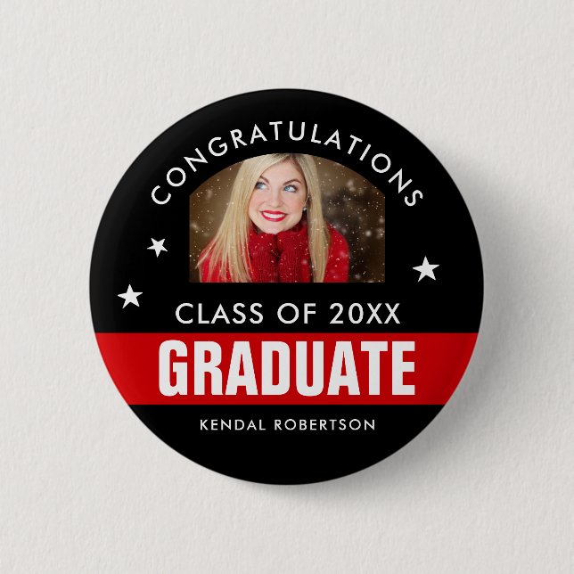 Bóton Redondo 5.08cm Botão de Foto de Graduação Preto e Vermelho Person (Frente)