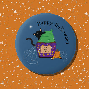 Bóton Redondo 5.08cm Botão de Halloween Azul de Gatinho Preto Fofo e Cu