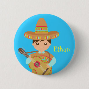 Bóton Redondo 5.08cm Botão de Menino Bonito com Sombrero Mexicano e Gui