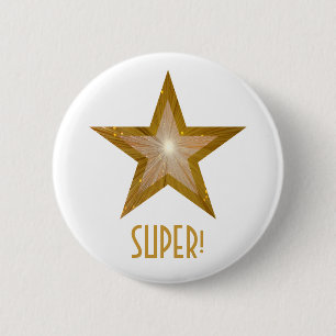 Bóton Redondo 5.08cm Botão "Dourado" Star 'SUPER!' branco